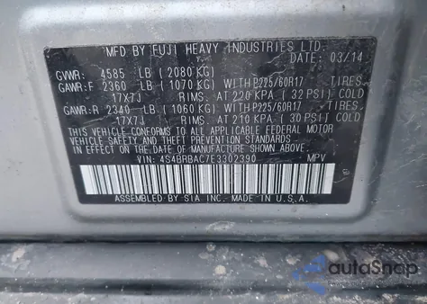 2014 Subaru Outback 2.5I from USA, damaged, VIN 4S4BRBAC7E3302390